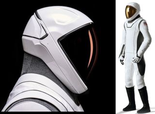 left, profile view of white space looking right. On the right, in the thin part of the picture, that full space suit, looking to the left. It's white with dark gray accents, black boots, and a copper gold visor.