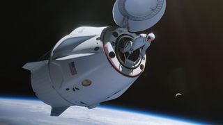 a man in a white space suit climbs into a cone-shaped spaceship floating above the earth