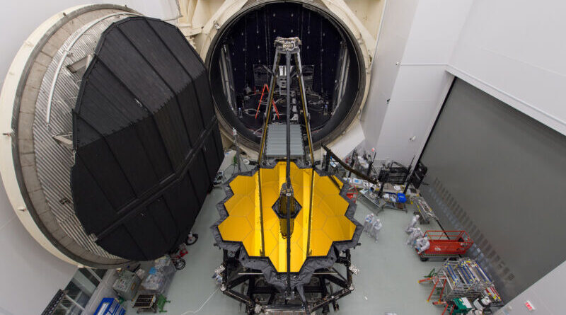 The primary mirror of the James Webb Space Telescope enters a vacuum test chamber at NASA's Johnson Space Center in 2017.